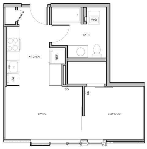 A floor plan of a small apartment with a living room, kitchen, bathroom, and bedroom.